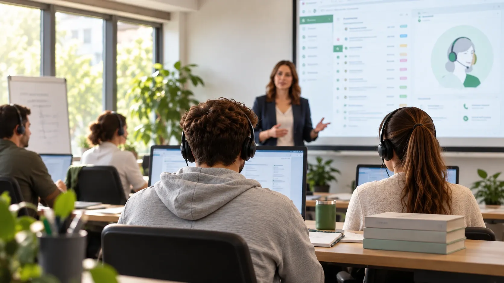 Aula de formación con alumnado practicando con auriculares y una formadora